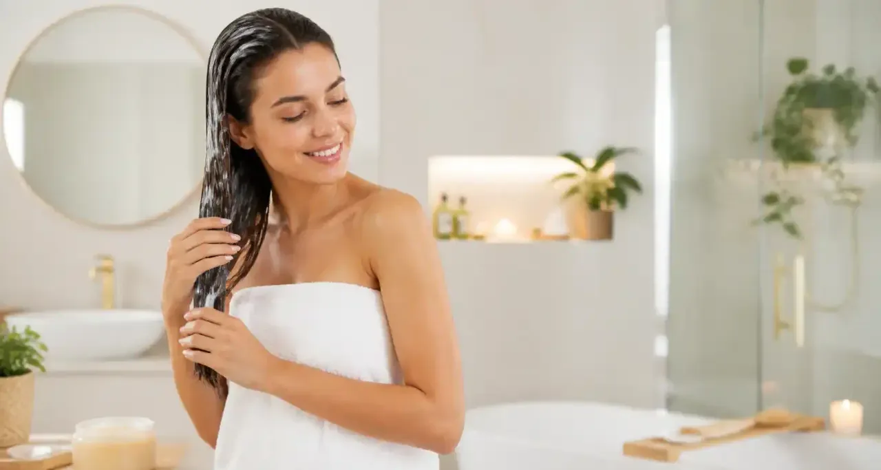 Application d'un masque capillaire nourrissant sur cheveux longs