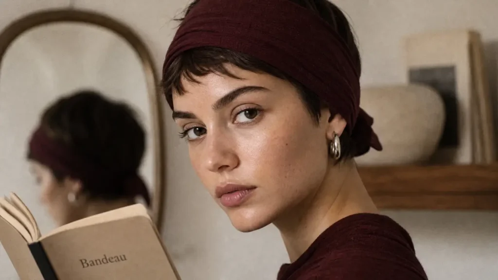 Bandeau cheveu court bordeaux noué, tenue anti-glisse, cheveux courts
