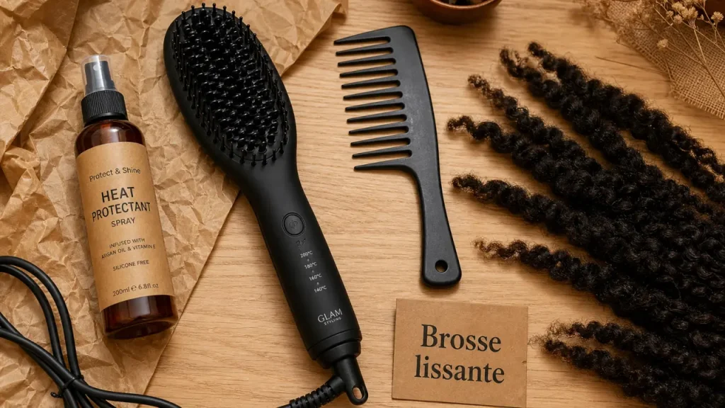 Brosse lissante pour cheveux crépus chauffante avec protecteur thermique et mèches