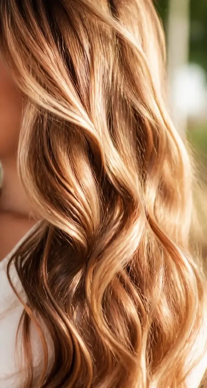 Cheveux ondulés aux reflets dorés en gros plan