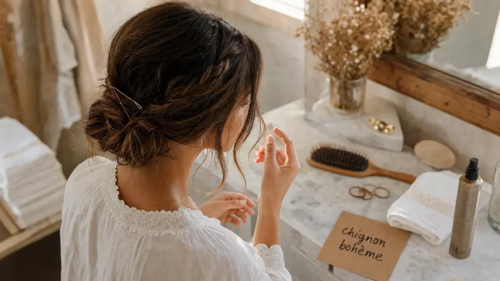 Coiffure bohème simple : chignon bas flou dans une salle de bain lumineuse