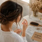 Coiffure bohème simple : chignon bas flou dans une salle de bain lumineuse