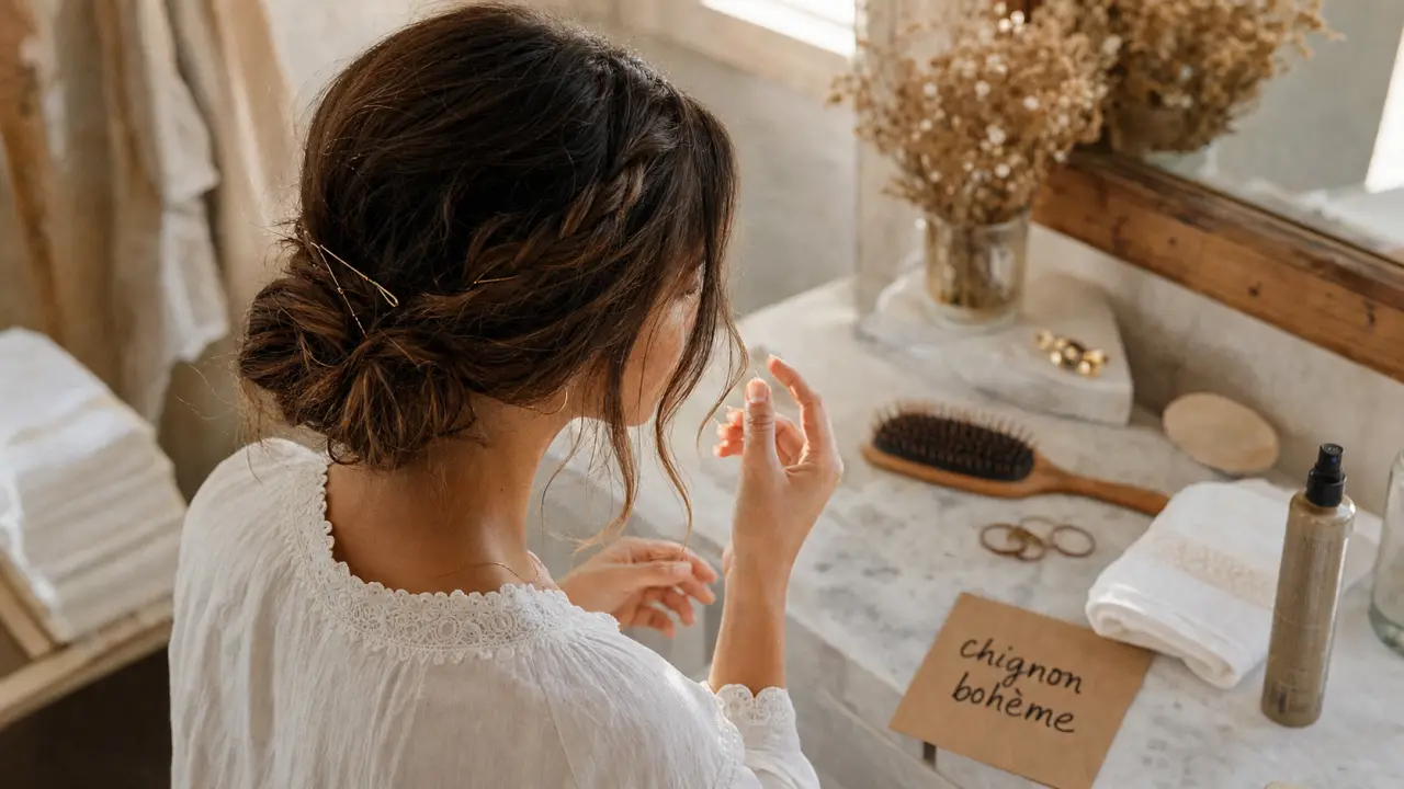 Coiffure bohème simple : chignon bas flou dans une salle de bain lumineuse