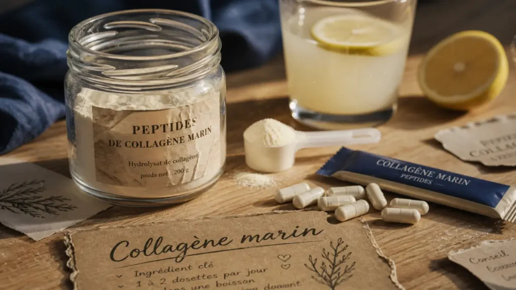 Collagène marin bienfaits : gélules et peptides dans un bocal
