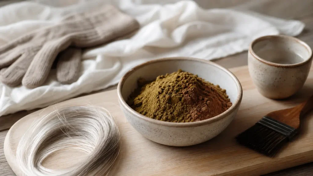 Coloration végétale cheveux blancs : poudre de henné et cassia sur cheveux blancs