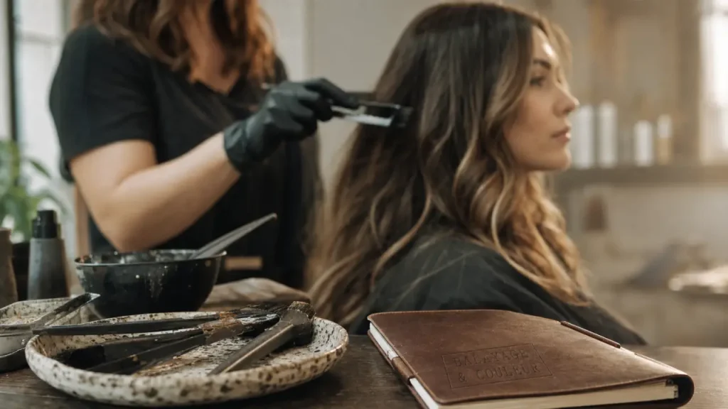 Couleur et balayage : reflets naturels, châtain et voiles clairs encadrant le visage