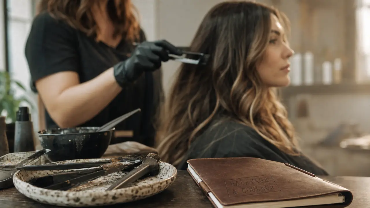 Couleur et balayage : reflets naturels, châtain et voiles clairs encadrant le visage