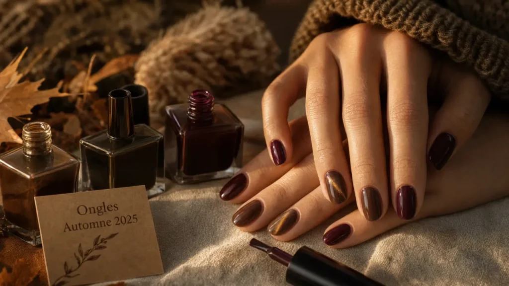 Couleur ongles automne 2025 : bruns café, rouge profond et effet Cat Eye sur ongles