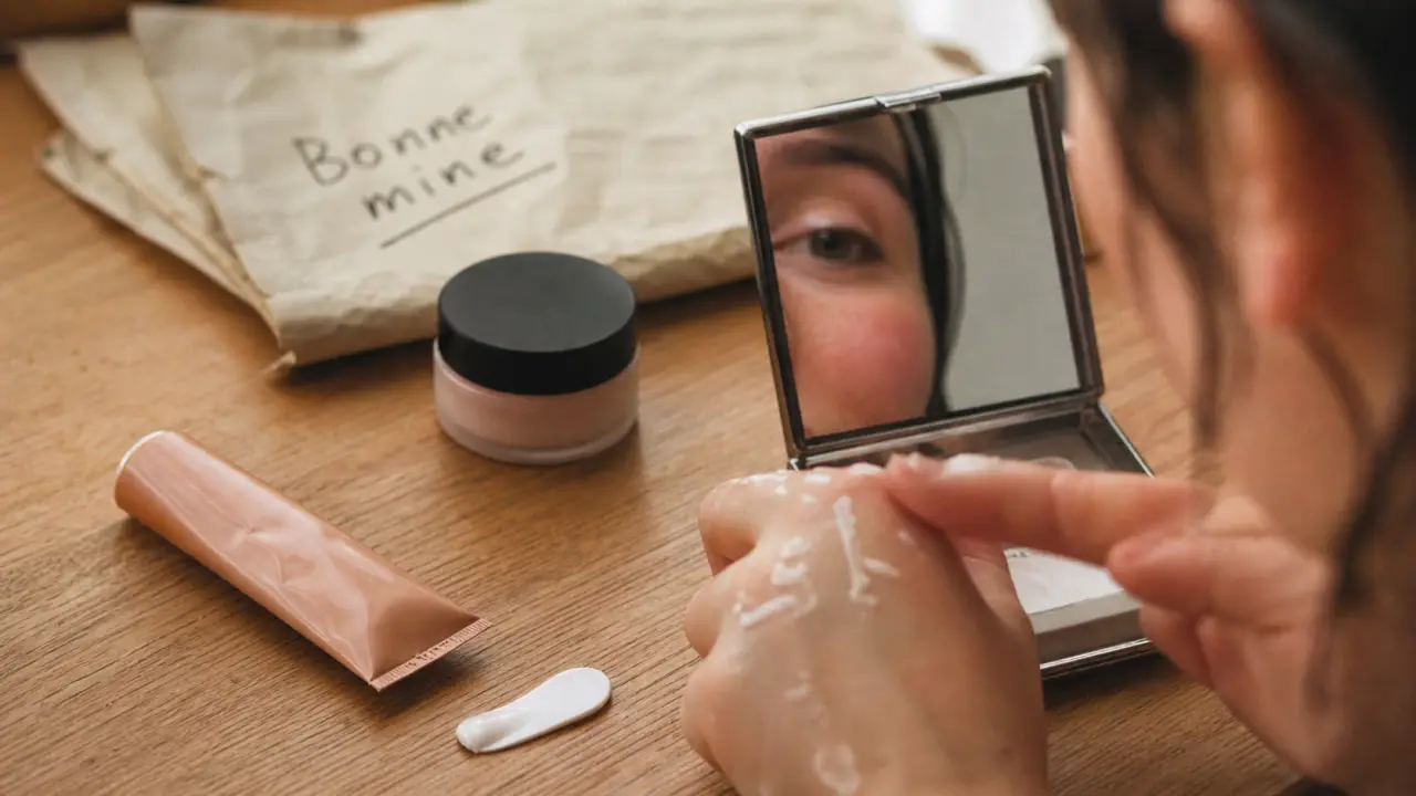 Creme bonne mine : tube et pot de crème, main et miroir