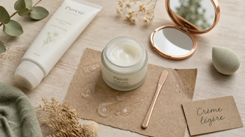 creme hydratante legere en gel sur table, peau souple sans fini gras