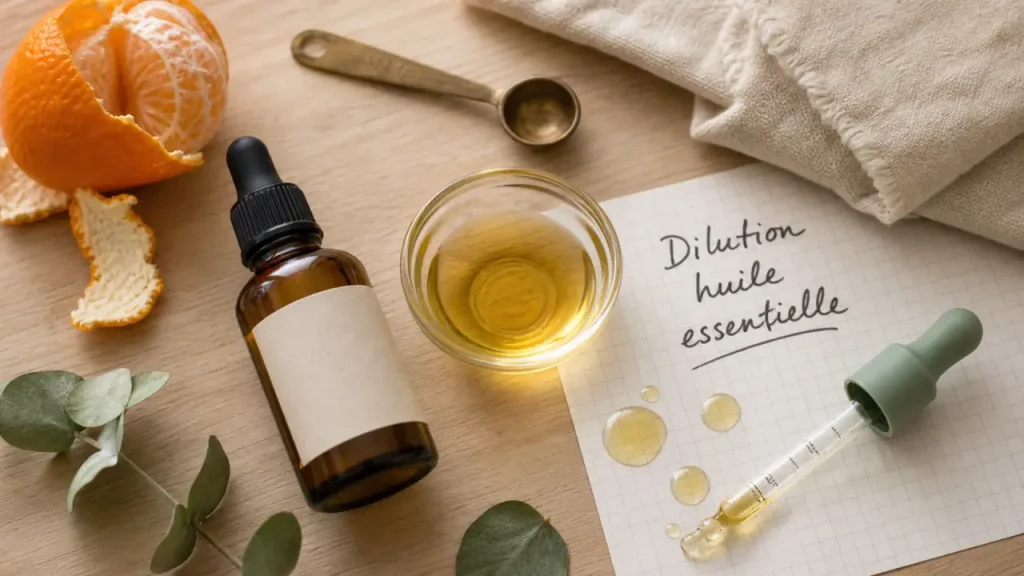 Dilution huile essentielle sur support : huiles et huile végétale, éviter brûlures
