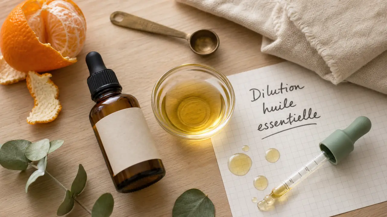 Dilution huile essentielle sur support : huiles et huile végétale, éviter brûlures
