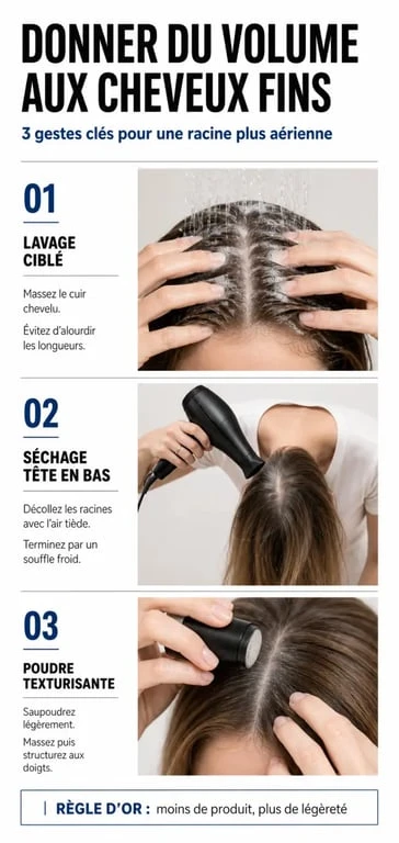 Infographie des étapes pour donner du volume aux cheveux fins
