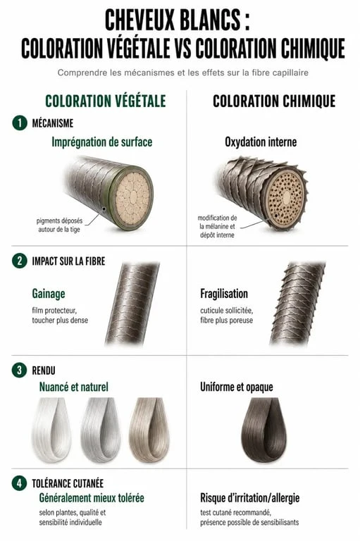 Comparatif entre coloration végétale et coloration chimique pour couvrir les cheveux blancs