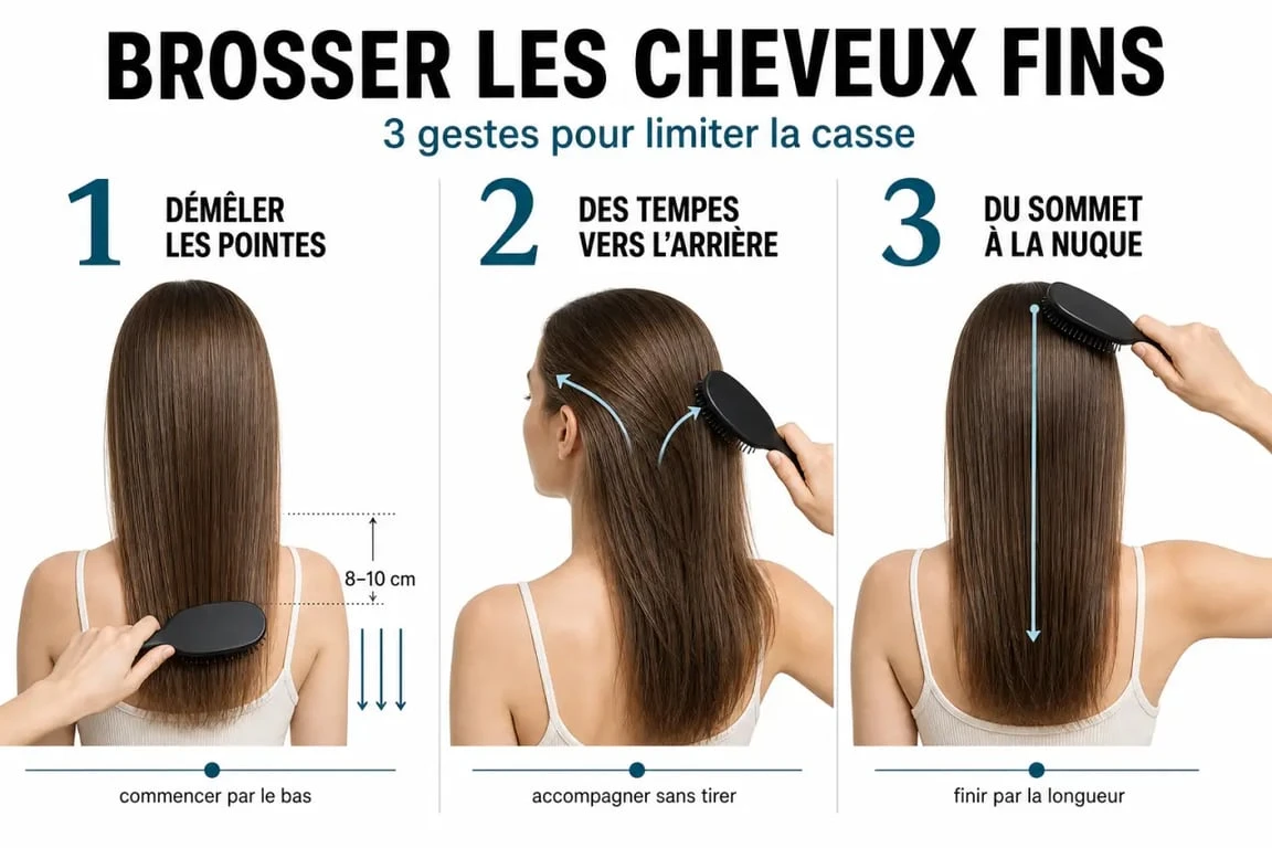 Infographie illustrant la technique de brossage pour cheveux fins pour éviter la casse