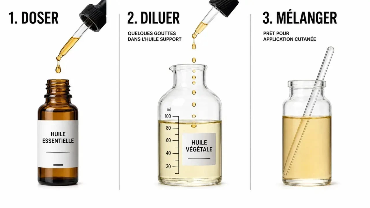 Dilution huile essentielle : schéma éditorial de préparation avec huile végétale et flacon compte-gouttes