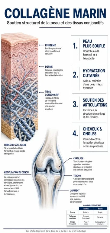 Collagène marin bienfaits : infographie sur la peau, les articulations et la vitamine C