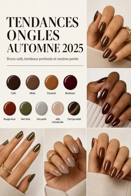 Couleur ongles automne 2025 : moodboard éditorial de vernis brun café, bordeaux, vert olive et gris perlé sur mains soignées