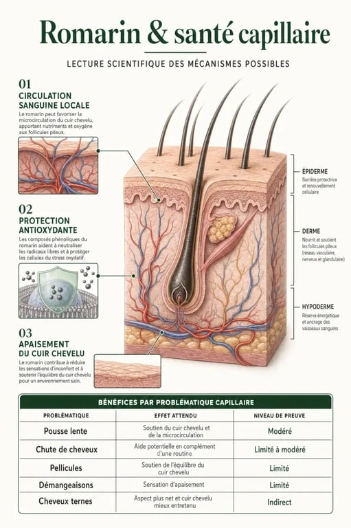 Romarin bienfaits cheveux : infographie des effets sur la pousse, la chute et le cuir chevelu