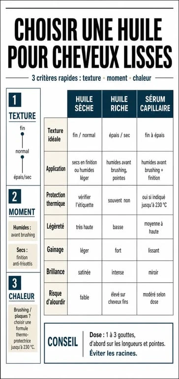 Infographie huile pour cheveux lisse : choisir entre huile sèche, huile riche et sérum selon la texture et la protection thermique