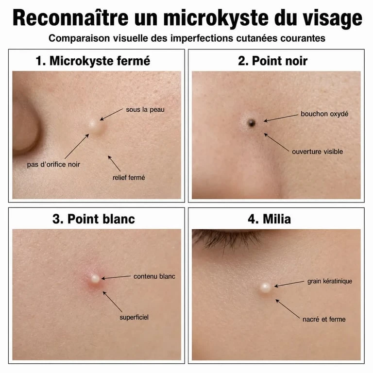 Microkyste visage photo comparative avec point noir, point blanc et milia