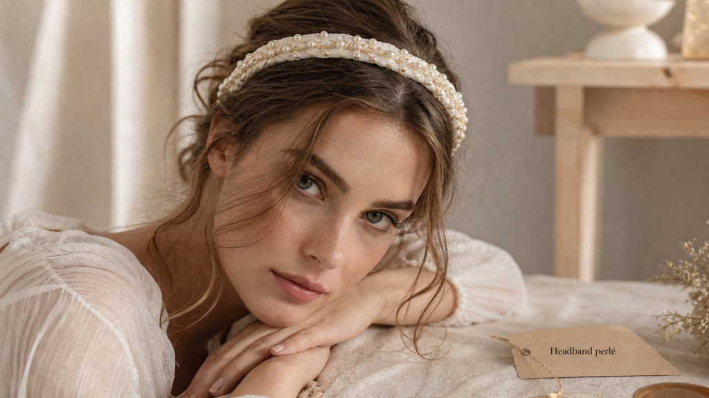 Headband femme perlé satiné près du front, style élégant