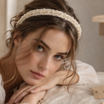 Headband femme perlé satiné près du front, style élégant