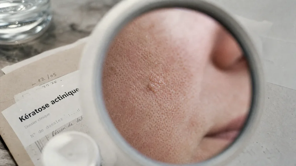 Kératose visage : plaque rugueuse actinique sur peau du visage