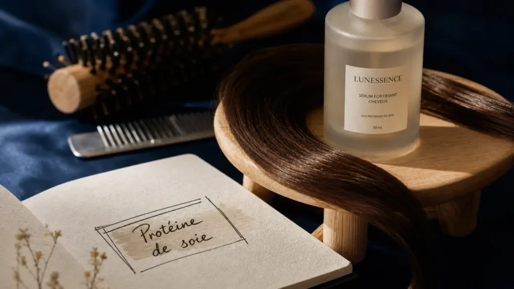 Lissage proteine de soie : mèche de cheveux brillante et soin capillaire