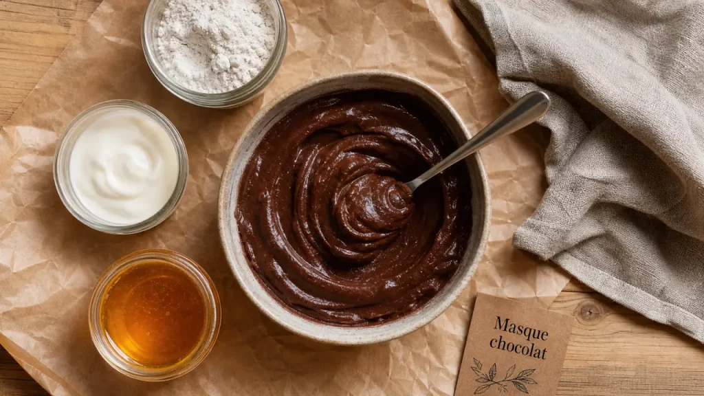 Masque chocolat visage maison : bol cacao et ingrédients sur table en bois
