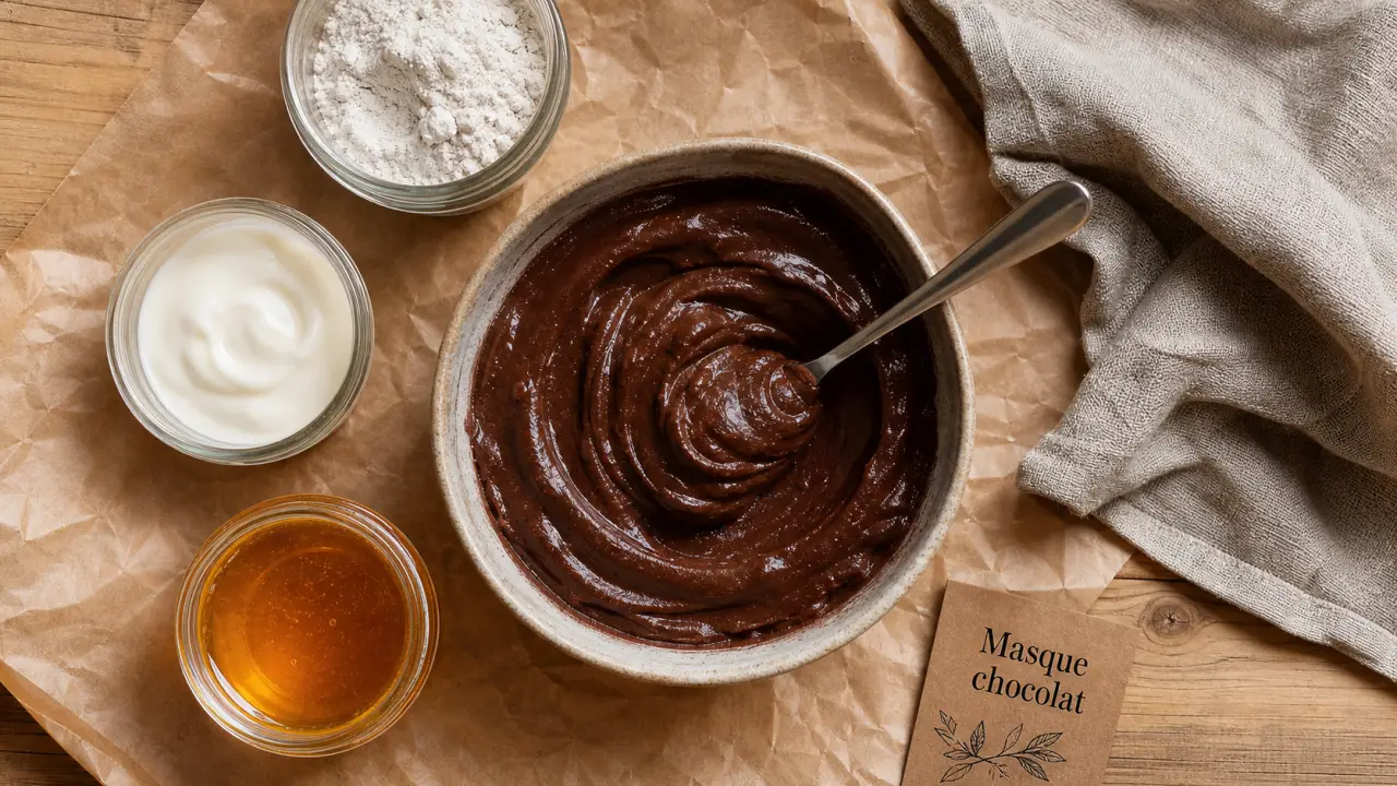 Masque chocolat visage maison : bol cacao et ingrédients sur table en bois