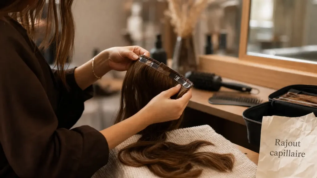 Rajout pour les cheveux : barrette à clips en salon coiffure