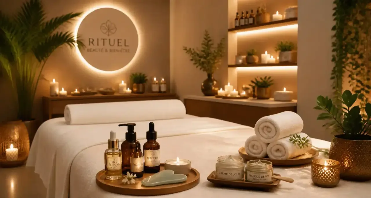 Table de beauté zen dressée pour un rituel de soin visage et corps