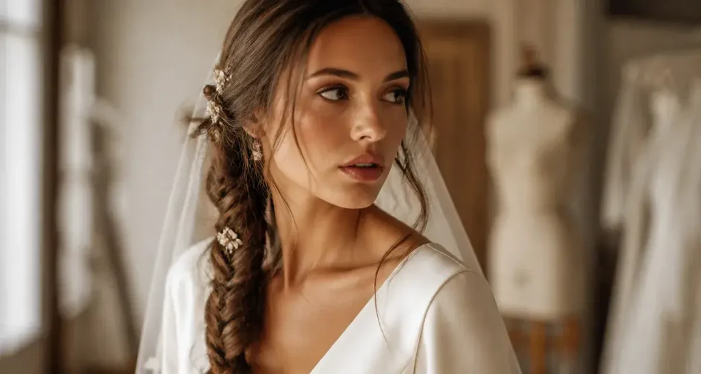Tresse mariage bohème : mariée aux cheveux tressés sur le côté