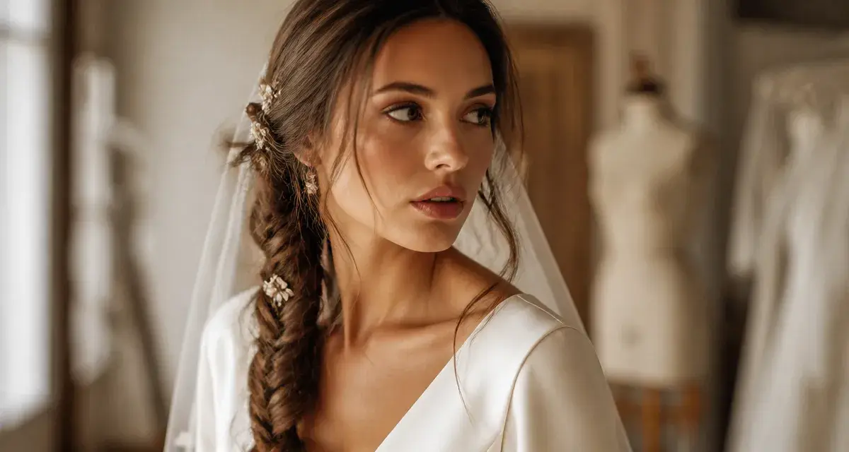 Tresse mariage bohème : mariée aux cheveux tressés sur le côté