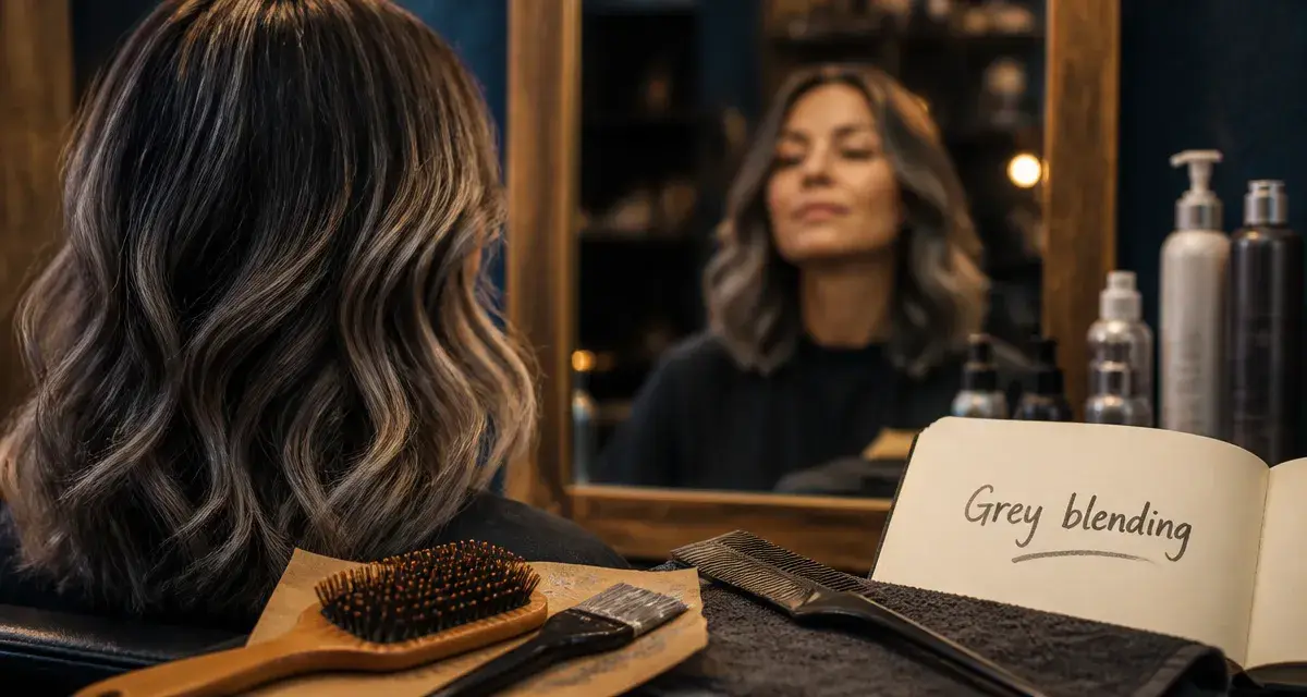 Balayage gris sur cheveux chatain foncé, effet fondu argent