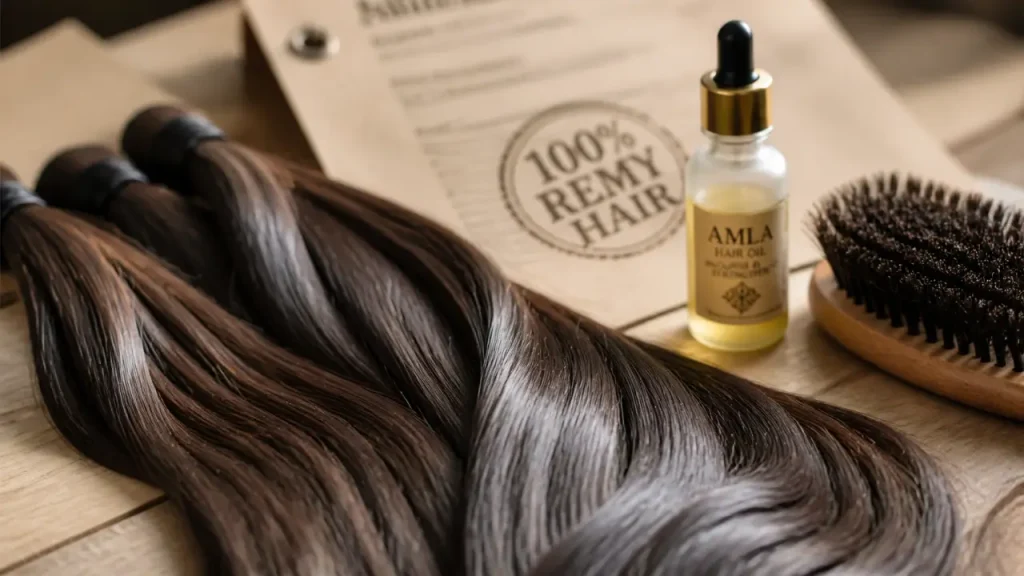 Cheveux indiens Remy Hair, mèches sur table en bois