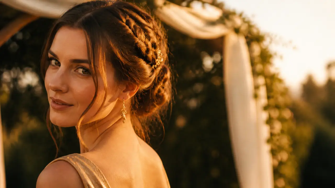 Coiffure mariage invitée tresse : chignon bas chic, cheveux châtain, golden hour