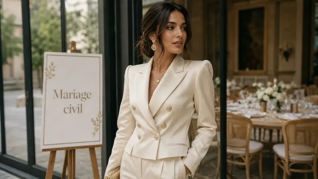 Costume femme mariage : tailleur pantalon crème chic devant une verrière