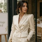 Costume femme mariage : tailleur pantalon crème chic devant une verrière