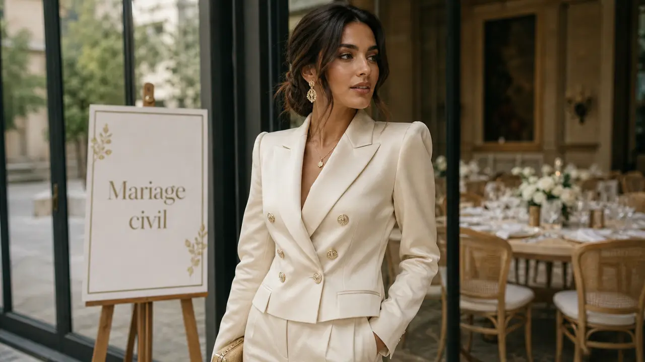 Costume femme mariage : tailleur pantalon crème chic devant une verrière