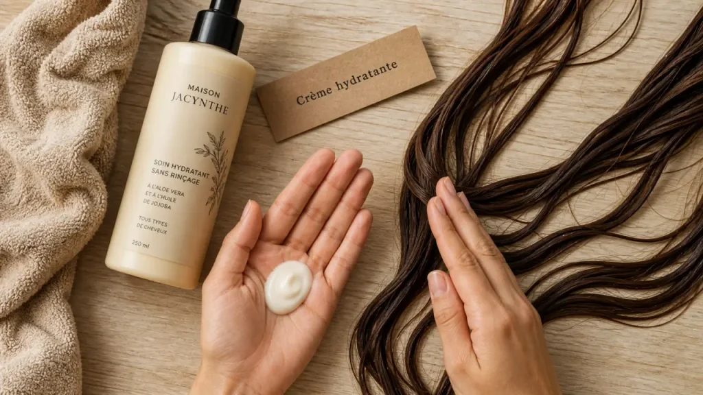 Creme hydratante sur les cheveux, dosage sur cheveux humides, sans effet gras
