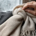 Écharpe femme hiver en Baby Alpaga beige et cachemire, fibres visibles