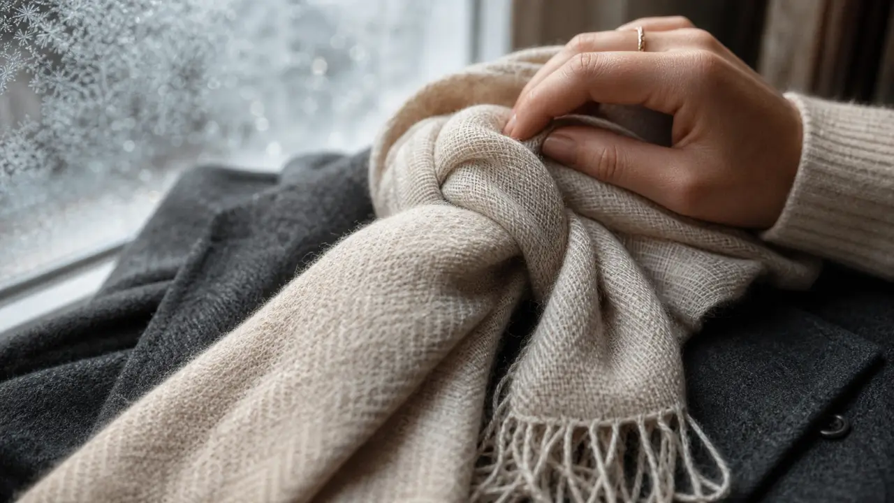 Écharpe femme hiver en Baby Alpaga beige et cachemire, fibres visibles