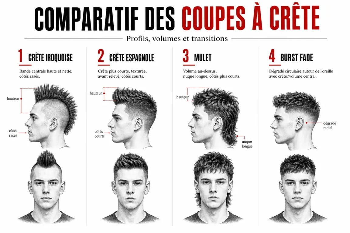 Comparatif visuel de la coupe de cheveux crête, crête iroquoise, crête espagnole, mulet et burst fade
