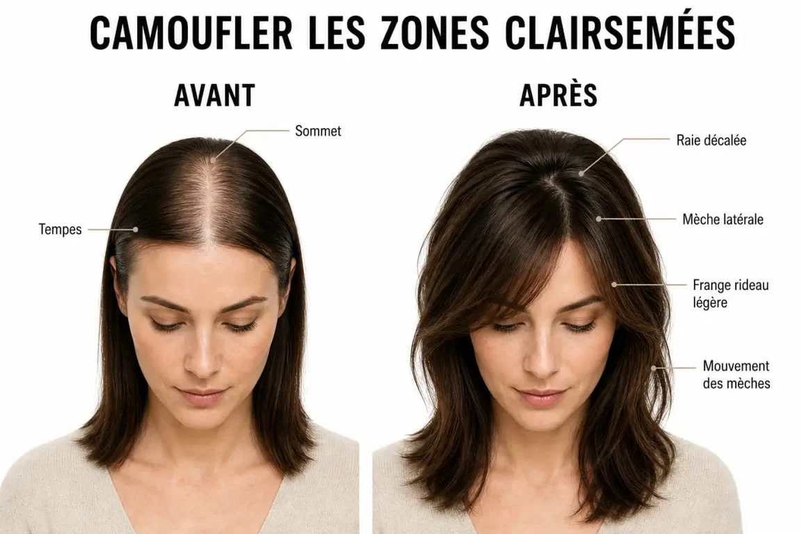 Coupe cheveux fins et clairsemés : avant et après pour camoufler les zones dégarnies et mieux placer le volume