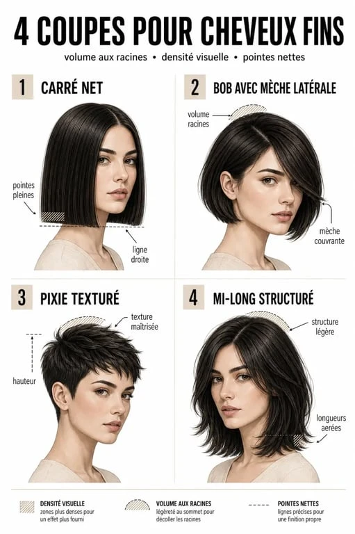 Coupe cheveux fins et clairsemés : comparaison visuelle de quatre coupes pour créer une impression de densité et de volume