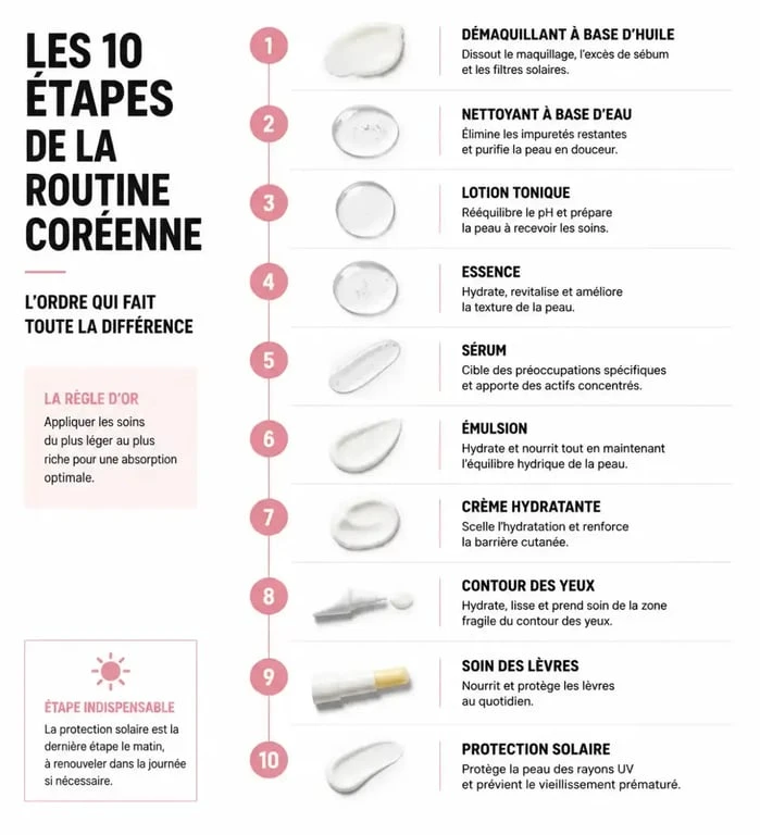 Infographie des 10 étapes de la routine coréenne pour le soin du visage