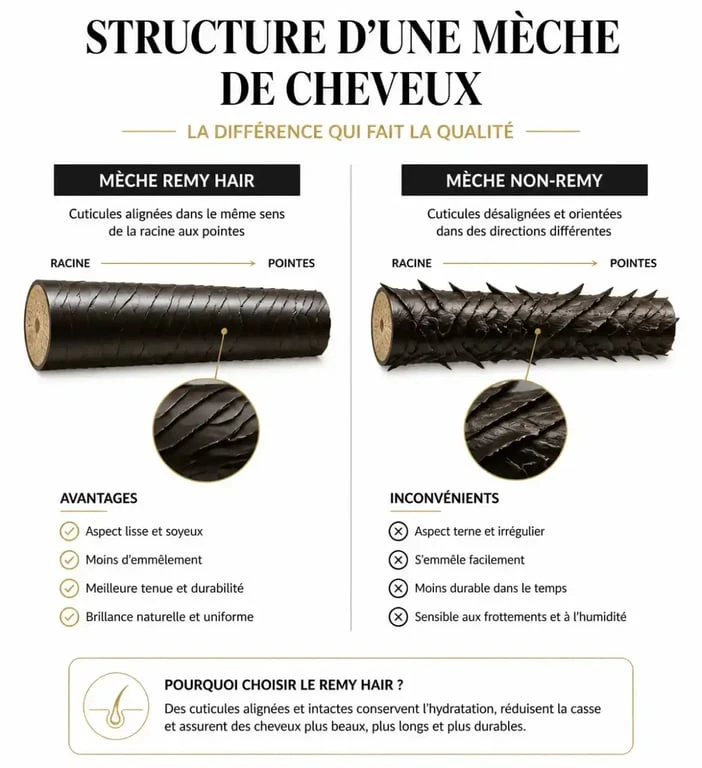 Schéma explicatif de la structure des cheveux indiens Remy Hair pour extensions