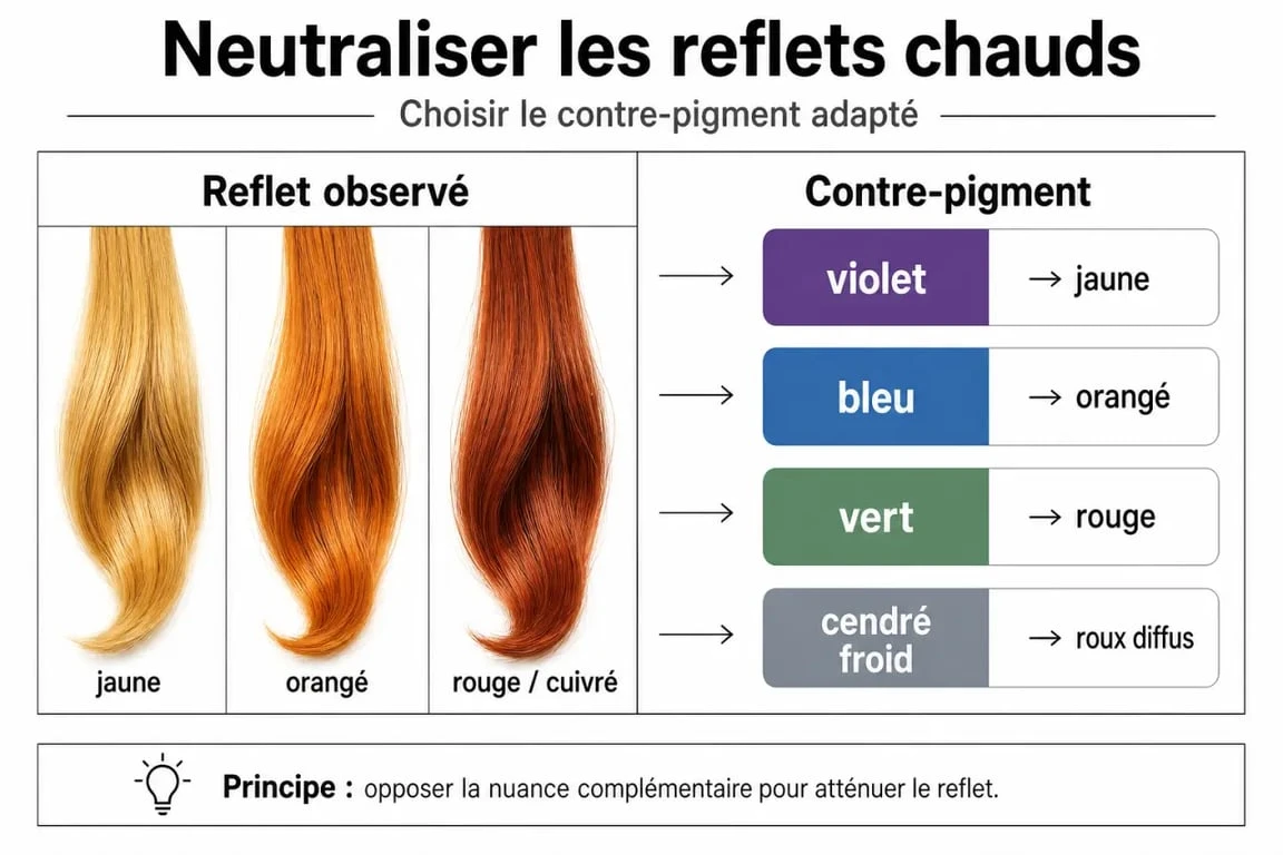 Neutraliser reflet roux naturellement : schéma des reflets jaunes, orangés et rouges avec les contre-pigments violet, bleu, vert et cendré